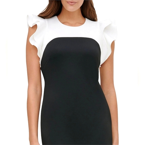 Tommy Hilfiger Nwot White/Black Colorblock Flutter Cap Sleeve Scuba Sheath Dress - Picture 7 of 16